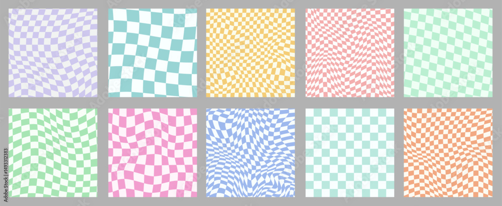 Fototapete set of groovy checkered patterns vector design. collection of cool retro funky chess textures.