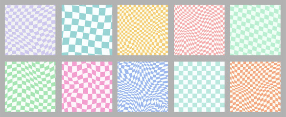 Set Of Groovy Checkered Patterns Vector Design. Collection Of Cool Retro Funky Chess Textures.