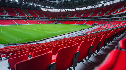 Empty red seats fill a vast stadium overlooking a green field, hinting at the anticipation of upcoming games. Modern architecture & seating.