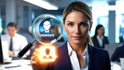 A professional woman in an office examines a candidate profile with a magnifying glass, symbolizing recruitment and talent search.