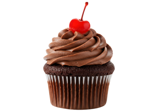 Delicious chocolate cupcake with sparklers and red maraschino cherry, isolated background