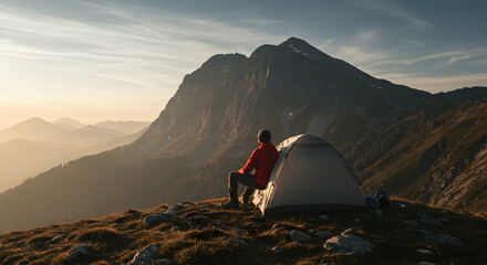 Fototapeta premium man, camping, tent, Man Camping in Mountains at Sunset