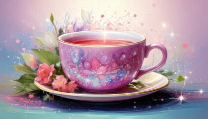 Fototapeta premium A delicate, ornate tea cup with floral designs sits on a saucer, surrounded by blooming flowers and sparkling pastel accents.