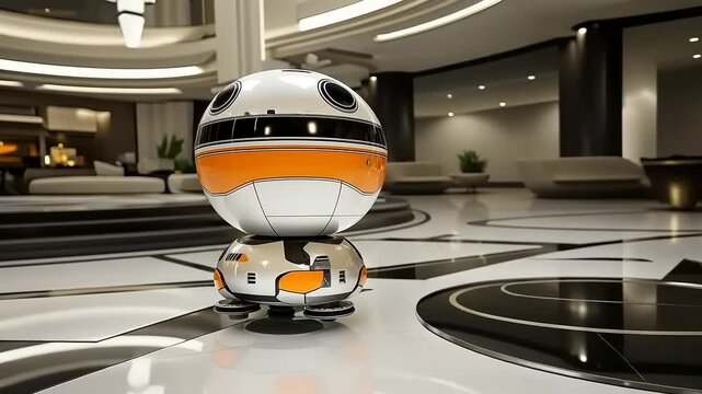 Futuristic robotic droid on a modern lobby floor evokes a sense of innovation