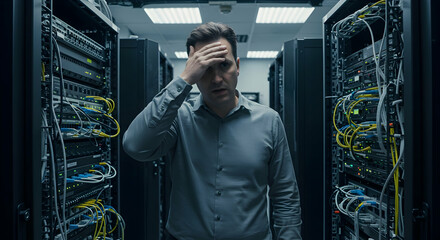 stressed,  worried,  concerned, Stressed IT Specialist in Server Room
