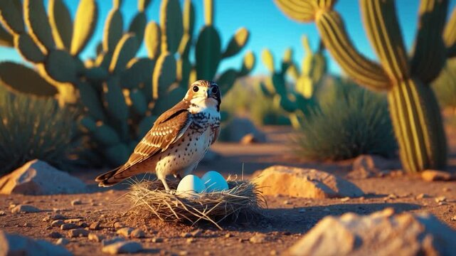 A lesser nighthawk incubating her egg in a nest, safeguarded by trees, prickly pear, and rocks that create impressive camouflage.
