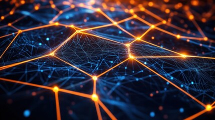 Abstract network of interconnected nodes and lines.  Complex, glowing, geometric patterns