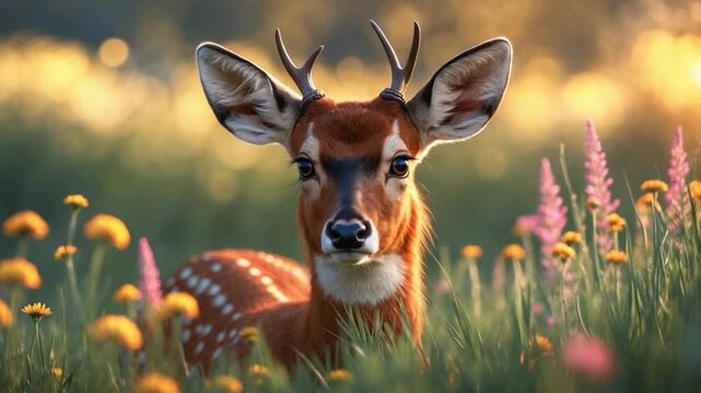 A mule deer sticks its head out of the grassland.