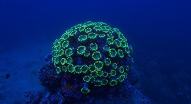 Close up of a vibrant green zoanthid coral colony in a deep blue underwater setting