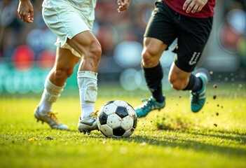 Football players dribbling struggling and kicking a ball on a field