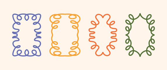 Set of Bold Minimal Hand Drawn Frames with Loops and Swirls. Decorative Outline Borders in Violet Yellow Orange Green. Naive Curved Shapes for Cards, Posters, Invitations. Vector Illustration
