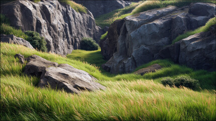 Lush green grass flourishes amongst colossal weathered rocks in a serene valley, creating a captivating natural landscape that exudes tranquility and beauty.