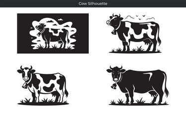 Black and white cow silhouette illustrations depicting farm animals in various poses for design use
