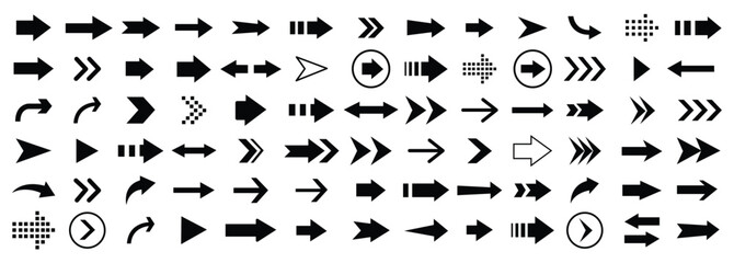 Arrow icon set. Black and white directional symbols for design projects.