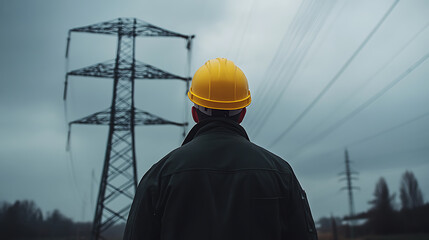 Electrical worker in hard hat inspects power lines, ensuring infrastructure integrity. Moody sky sets serious tone. Safety first in energy sector.