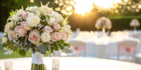 Elegant bouquet of pale pink and white roses, center of attention, perfect for weddings or special occasions, capturing romance and beauty.