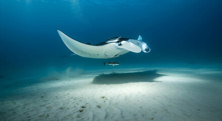 Fototapeta premium manta ray, manta, ray, Majestic Manta Ray Soaring Over Sandy Ocean Floor