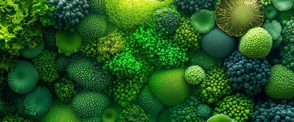 Obraz premium Lush green abstract texture of closely packed, varied-sized spherical and clustered forms, creating a dense, vibrant, and organic feel