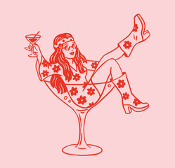 Hippie retro girl in martini glass celebration icon. Retro boots.