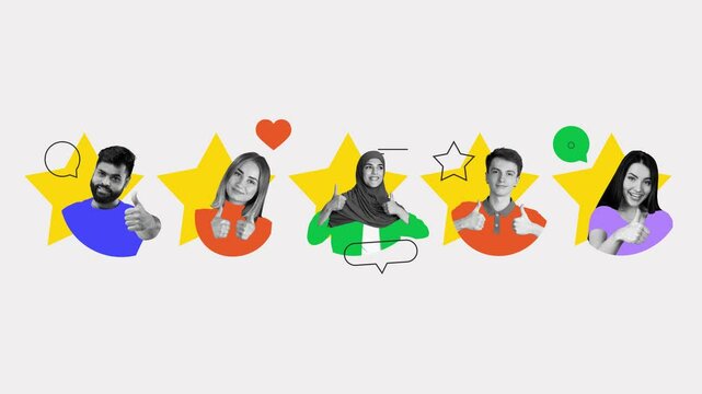Diverse people showing thumbs up with stars. Stop motion, animation. Unity of multicultural voices sharing satisfaction and brand approval. Concept of testimonials, diversity, customer feedback.