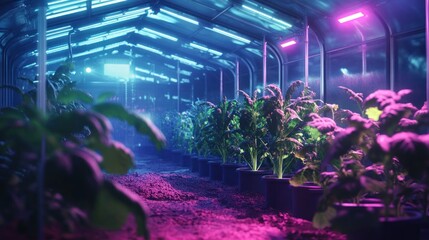Futuristic indoor farm bathed in vibrant neon light. Plants thrive under specialized lighting