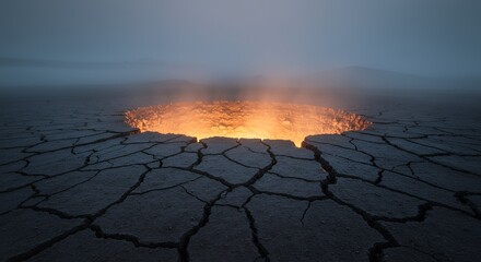 Fototapeta premium Fire pit in dry cracked earth landscape