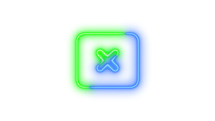 Neon rectangle x mark icon glowing with transparent background