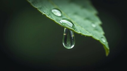 Gefrorener Moment eines herabhängenden Regentropfens an einer Blattspitze – still, klar und faszinierend.
