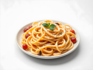 Spaghetti with tomatoes and basil isolated on white background