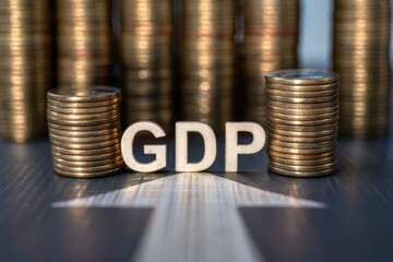 GDP letters positioned between stacks of coins with an arrow pointing upwards, symbolizing economic growth. Concept of GDP and Income Forecast.