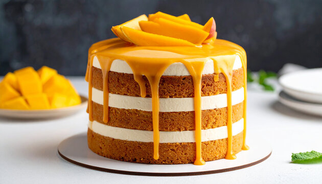 Delicious cake with mango jam. Tasty dessert. Sweet food.