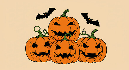 Spooky Halloween Pumpkins Festive Jack-o'-lanterns with Bats for Autumn Decorations