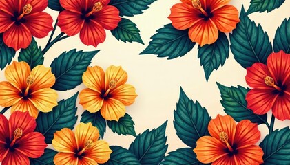 Bold hibiscus flower motif, repeating design, bold colors , tropical, blossom