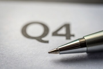 Fototapeta premium Close-up of a silver pen resting on a sheet of paper with the letter Q4. Concept of GDP and Income Forecast.