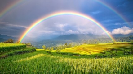 Obraz premium Stunning Rainbow over Terraced Rice Paddies