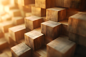 Stack of wooden planks forming a geometric pattern in lumber yard