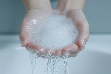 Fototapeta premium Foamy Cleansing: A pair of hands cupping a mass of soapy bubbles as water cascades down, symbolizing purity, hygiene, and the simple act of washing.