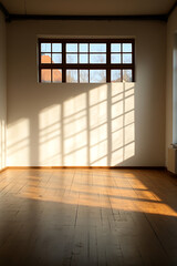 Sunlight streams through a window, creating a pattern of light and shadow in an empty room, illuminating the hardwood floor and white walls.