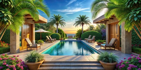 Fototapeta premium Stunning Pool Entrance Photography: Luxury Resort Swimming Pool Access, Backyard Oasis, Resort Pool Entryway, Hotel Swimming Pool Entrance Images