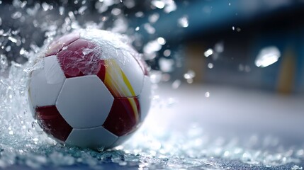 Fototapeta premium Shattered glass, water splashes engulf a soccer ball