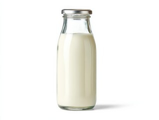 Glass bottle filled with milk against a white background. Fresh, healthy, and creamy.