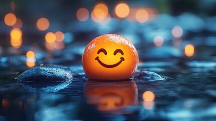 A glowing emoticon rests peacefully on tranquil water.