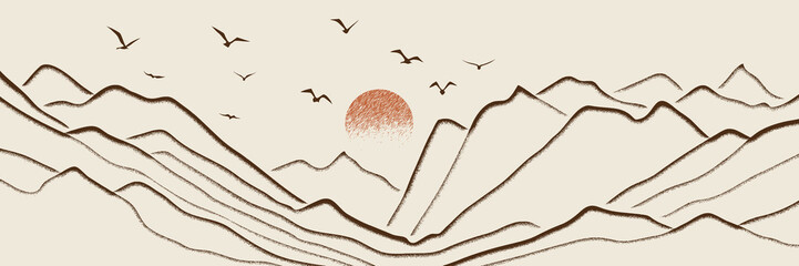 Mountain landscape in sepia tones, minimalism, imitation pencil drawing, stroke texture, imitation engraving, vector illustration