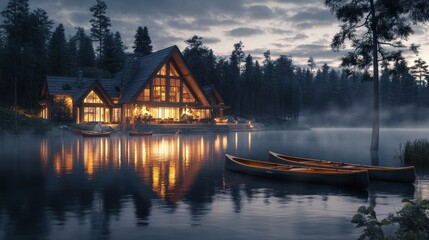Obraz premium Cozy log cabin by a serene lake at twilight. Warm interior lights reflect on the water