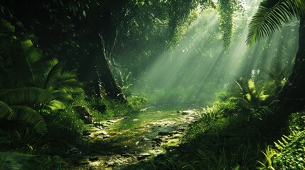 Lush jungle stream bathed in sunlight