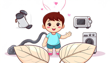 A cheerful cartoon boy surrounded by household appliances and leaves, suggesting a clean, organized home environment, with hearts indicating affection