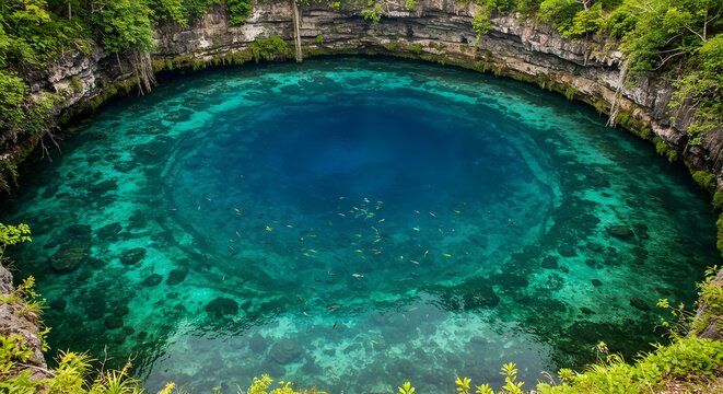 Aerial view of a large sinkhole with clear turquoise water and surrounding vegetation