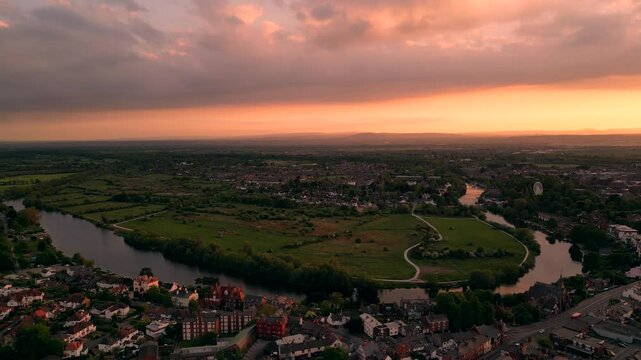 Amazing sunset drone view of Chester and the River Dee