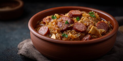 Warm and comforting polish bigos stew in a rustic bowl for cozy dining experience