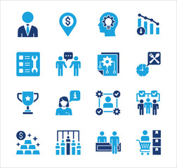 Management business icon set. Contains symbol of strategy, businessman, target, finance, lunchtime, success, hierarchy, data, reward, work, money, employee, shop, meeting, job. Vector illustration